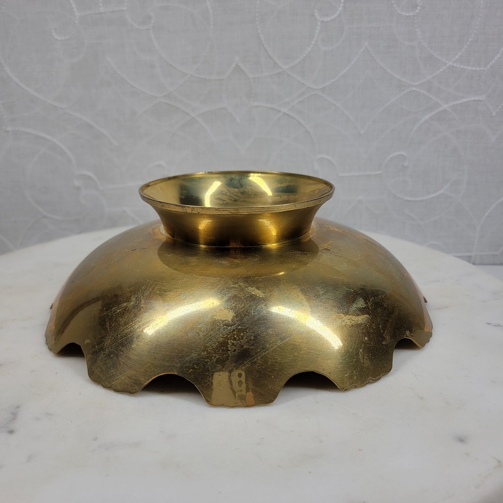 Hand Painted Brass Pedestal Bowl Trinket Floral Catch All Scalloped Rim Vintage - Picture 6 of 16